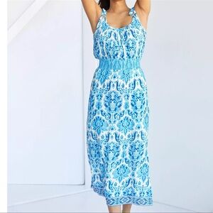 Anthropologie Plenty by Tracy Reese M Smocked Blue White Baroque Maxi Dress